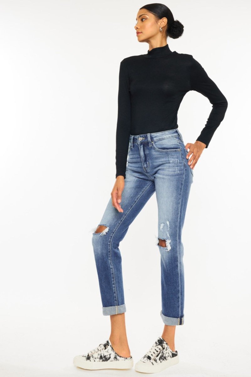 Kancan High Waist Distressed Hem Detail Cropped Straight Jeans - Bottoms Sale